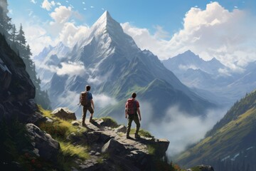 Fototapeta premium Portrayal of friends hiking in the mountains, conquering challenges and enjoying breathtaking views