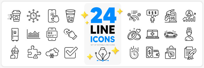 Fototapeta na wymiar Icons set of Medical help, Coffee delivery and Card line icons pack for app with Snow weather, Rotation gesture, Wallet money thin outline icon. Phone touch, Car, Ice cream milkshake pictogram. Vector