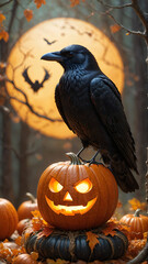 Halloween Pumpkin and crow. Jack o Lantern. crow sitting on halloween pumpkin. Design elements