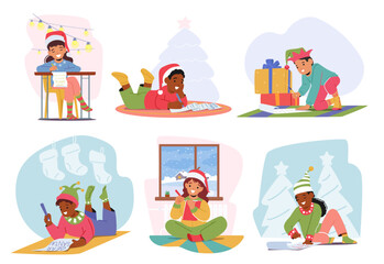Excited Children, Boys And Girls Character With Bright Smiles, Eagerly Write Heartfelt Letters To Santa Claus