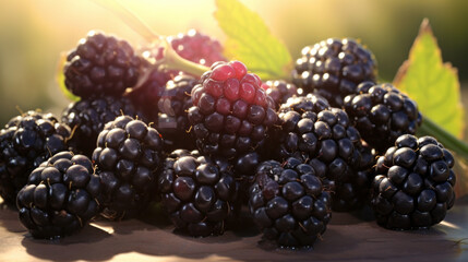 a cluster of ripe blackberries and glistening in the sun