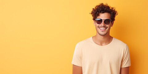 man in a T-shirt and glasses. Isolated on pastel background. ai generative - obrazy, fototapety, plakaty