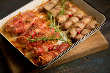 Traditional Christmas dish Sausages wrapped in bacon