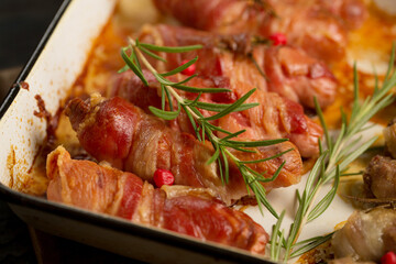 Traditional Christmas dish Sausages wrapped in bacon