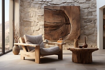 A rustic armchair, crafted from natural solid wood, complements the interior design of a modern living room featuring a wooden abstract panel on a white wall
