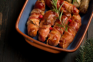 Traditional Christmas dish Sausages wrapped in bacon