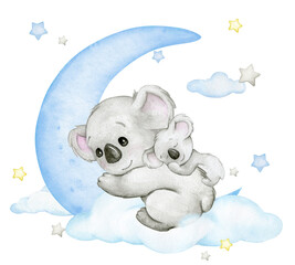 koalla, moon, clouds, stars. watercolor clipart in cartoon style. on an isolated background.