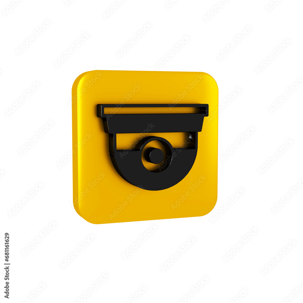 Poster black security camera icon isolated on transparent background. yellow square button.