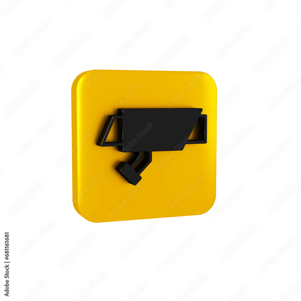 Poster black security camera icon isolated on transparent background. yellow square button.