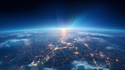 Panoramic view on planet Earth globe from space. Glowing city lights, light clouds, atmosphere layers International Space Station orbit, open dark space