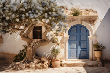 Fototapeta premium Blue aged wooden door with arch and oriental ornament. Culture and architecture of oriental country.