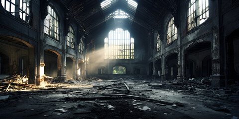 Inside an abandoned or destroyed building enveloped in darkness and dimness. Desolate Abandonment: Exploring the Darkness Within - obrazy, fototapety, plakaty