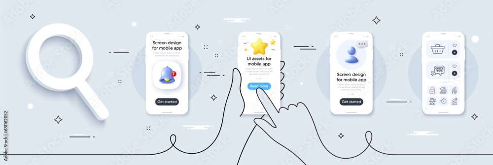 Poster lock, quick tips and timer line icons pack. phone screen mockup with 3d star, alert and chat message