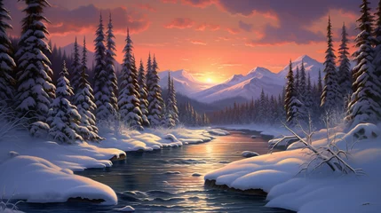 Foto op Canvas Tranquil Winter Forest Landscape with Frosted Pine Trees and Snow-Covered Mountains © Louis