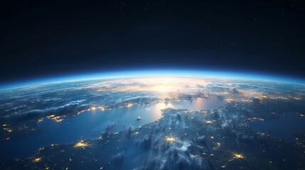 Panoramic view on planet Earth globe from space. Glowing city lights, light clouds, atmosphere layers International Space Station orbit, open dark space