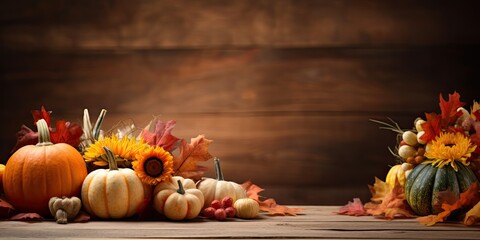 Thanksgiving Day background with a wooden table adorned in autumnal glory. Decorate the scene with the warmth of fall, invoking the spirit of harvest and holiday celebrations.