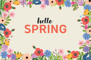 Spring abstract background, banner, poster with spring flowers and  leaves. Spring leaves. Modern trendy colorful design. Template for advertising, web, social media. - obrazy, fototapety, plakaty