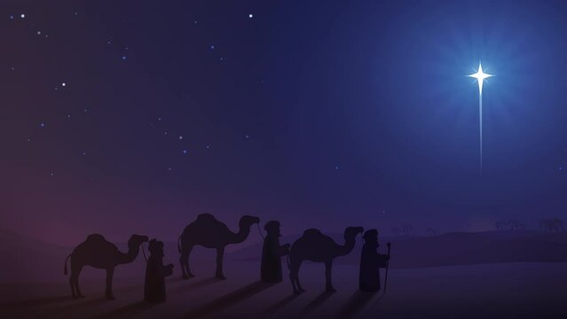 Convoy of the three wise men with their camels following the shepherd's star, at night in the desert (20 s animation loop)