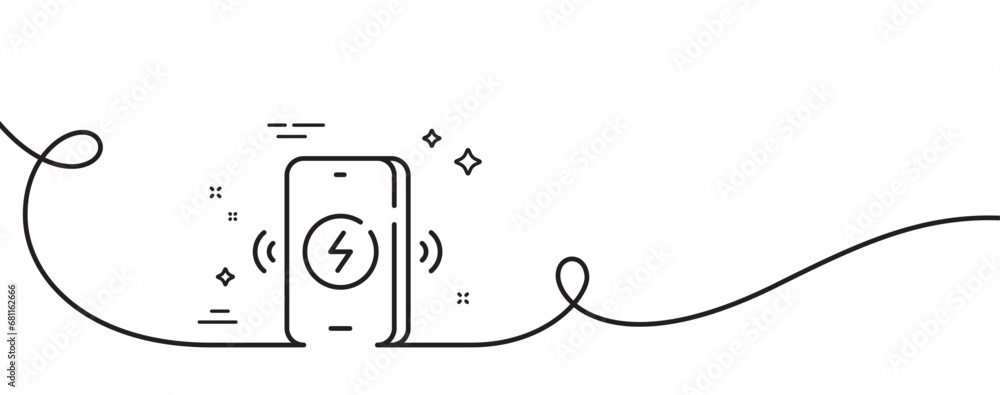 Poster wireless charging line icon. continuous one line with curl. charge phone sign. mobile accessories sy