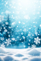 Fototapeta premium Winter blurred texture with snow and bokeh lights. Christmas background with blue and white sparkling glitter confetti elements.