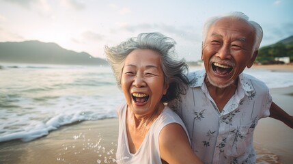 Happy Asian Senior couple have fun together on the beach with copy space, concept of joyful retirement life and holiday travel trip. - Powered by Adobe