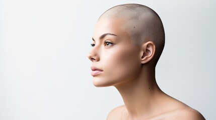 Image of a beautiful woman with bald shaved hair isolated on white background, side portrait with copy space. - obrazy, fototapety, plakaty
