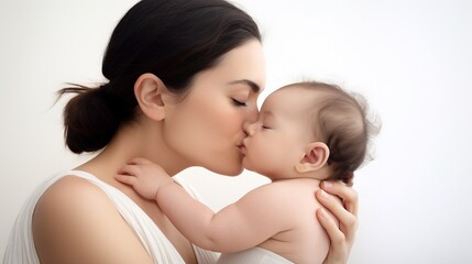 Young loving mom kissing her new born baby isolated on white background. - obrazy, fototapety, plakaty