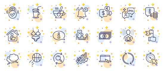 Fototapeta na wymiar Outline set of Information, Speech bubble and Reminder line icons for web app. Include Search, Lingerie, Work home pictogram icons. Consulting, Money currency, Portable computer signs. Vector