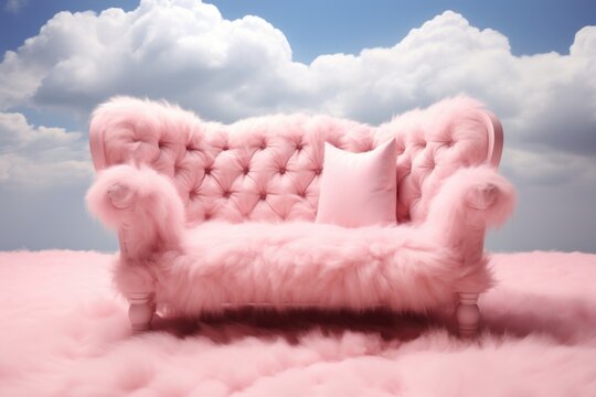 A pink couch sitting on top of a fluffy pink carpet.