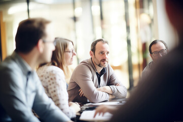 A group of professionals in a team business meeting, with one man in focus. - obrazy, fototapety, plakaty