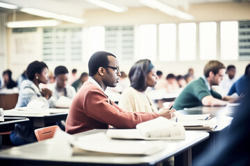 Diverse adult students in a classroom setting, focused on their studies.