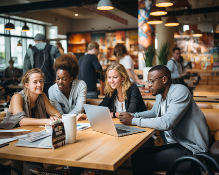 A diverse group of college students in a café, with a Black man and three women working on a laptop.