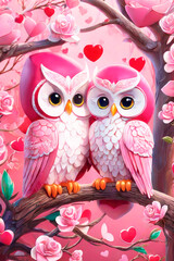 Happy valentine's greeting card, concept of love confession. A  couple of  very cute owls  deep against a heart, cartoon character. Expression of tender feelings.
