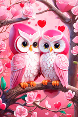 Obraz premium Happy valentine's greeting card, concept of love confession. A couple of very cute owls deep against a heart, cartoon character. Expression of tender feelings.