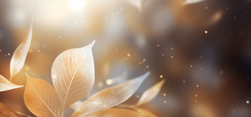 Abstract floral background with golden leaves, bokeh lights and copy space, generative AI.