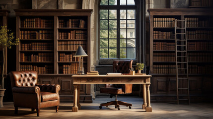 a classic study with a wooden desk and two armchairs and a bookshelf filled with books