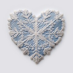 A blue and white heart with snowflakes on it.