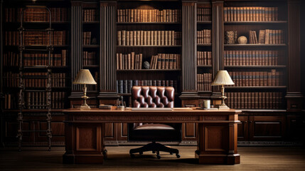 a classic study with a large wooden desk and built-in bookshelves and a leather armchair