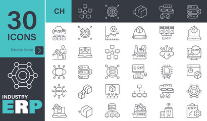 Industry 4.0 icon set. 30 editable stroke vector graphic elements, stock illustration Icon, Business, Analyzing, Enterprise Resource Planning, Connection