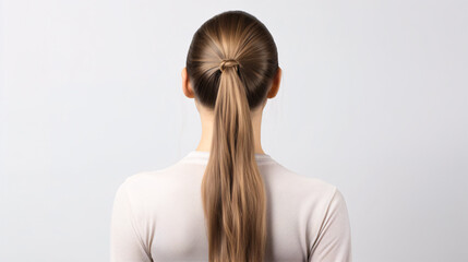 A lady with alternate plaited hairdos from the rear, isolated on a blank canvas.