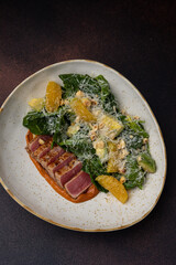 Tuna tataki with salad. close-up