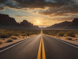 A lone straight road running through a rocky desert with low bushes, under a cloudy sky at sunset.