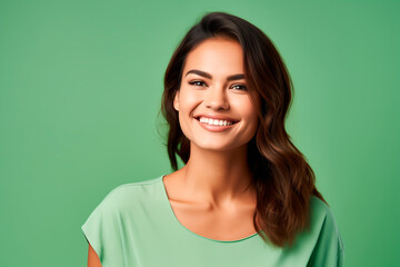 Fototapeta premium medium shot portrait photography of a pleased woman in her 30s against a light green background