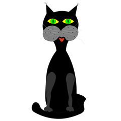 The cat, in the form of a figurine, is in a sitting position, hugging its body with its tail, and its front paws are in front. Full face, flat drawing.