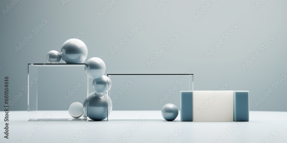Poster a group of white and blue objects sitting on top of a table. surreal abstract composition.