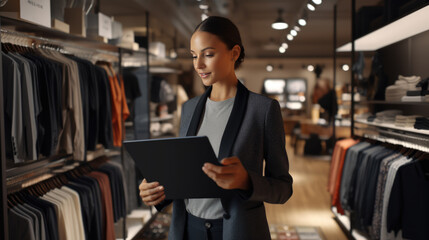 A professional woman with a tablet in hand, smiling and standing in a modern clothing store, surrounded by neatly organized shelves full of various apparel. - obrazy, fototapety, plakaty