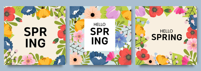 Set of trendy minimal spring posters with bright beautiful flowers and modern typography. Spring background, cover, sale banner, flyer design. Template for advertising, web, social media.