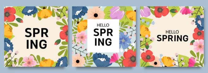 Tuinposter Set of trendy minimal spring posters with bright beautiful flowers and modern typography. Spring background, cover, sale banner, flyer design. Template for advertising, web, social media. © Oksana Kalashnykova