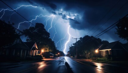 A Dazzling Display of Nature's Power: Lightning Storm Illuminating Nighttime Neighborhood