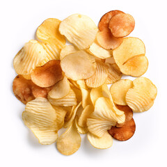 A mound of dissimilar salted crisps isolated on a white surface, seen from above. - obrazy, fototapety, plakaty